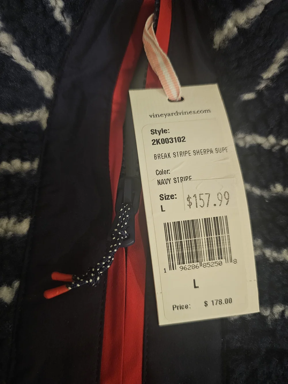 Vineyard Vines Navy and White Striped Sherpa Zip Pullover with Coral Trim - Picture 2 of 4